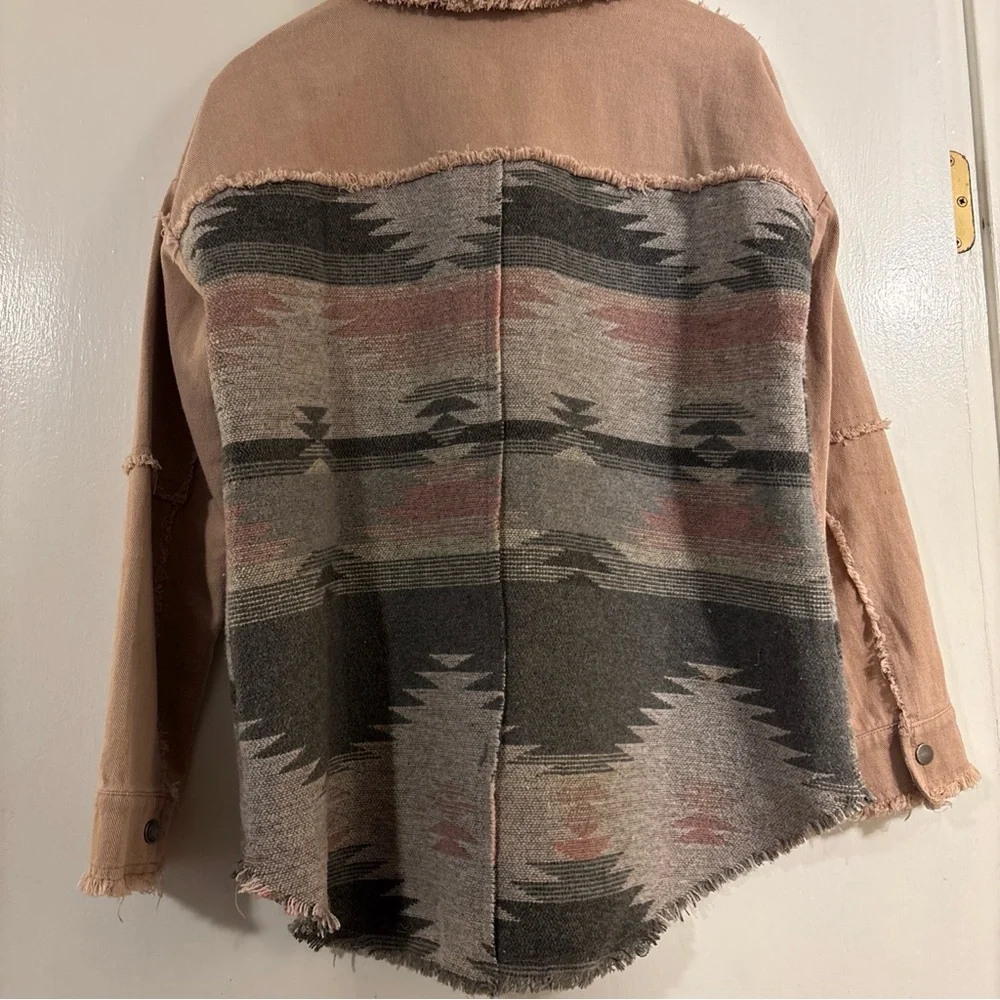 Mystree Womens S Western Wool Bl Blanket Denim Raw Edge Snap Pink Shacket Jacket